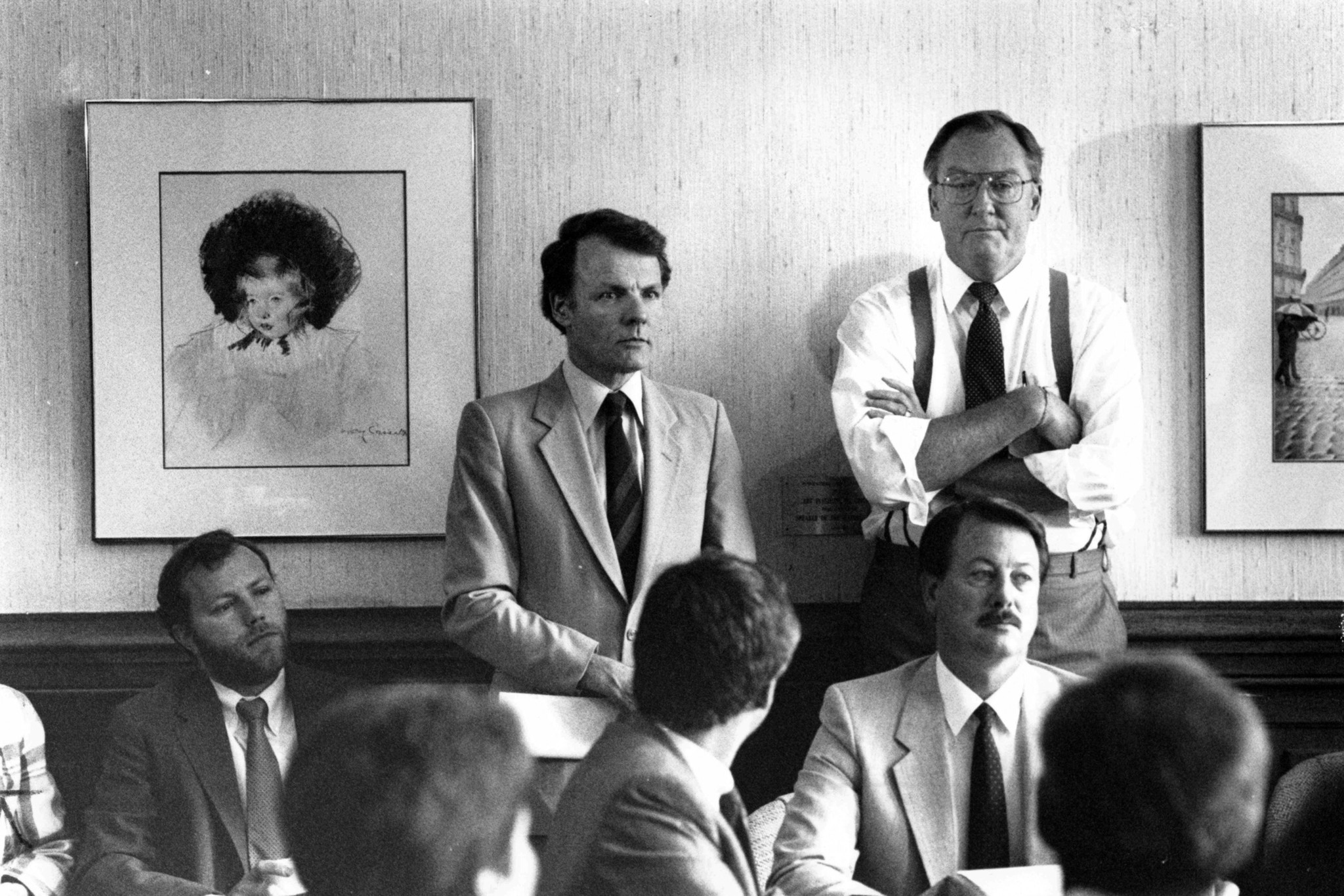 Gov. James Thompson, right, and House Speaker Michael Madigan in...