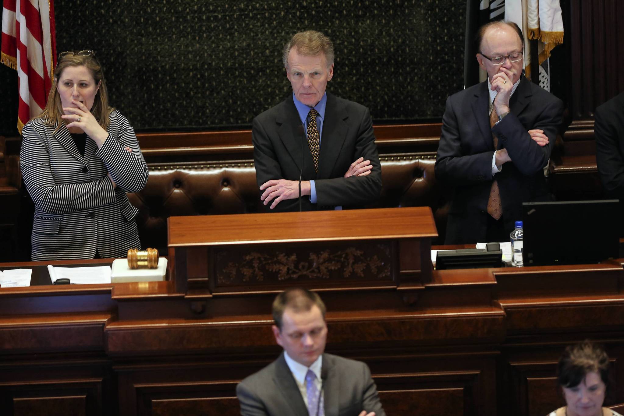 House Speaker Michael Madigan waits for official notice from the...