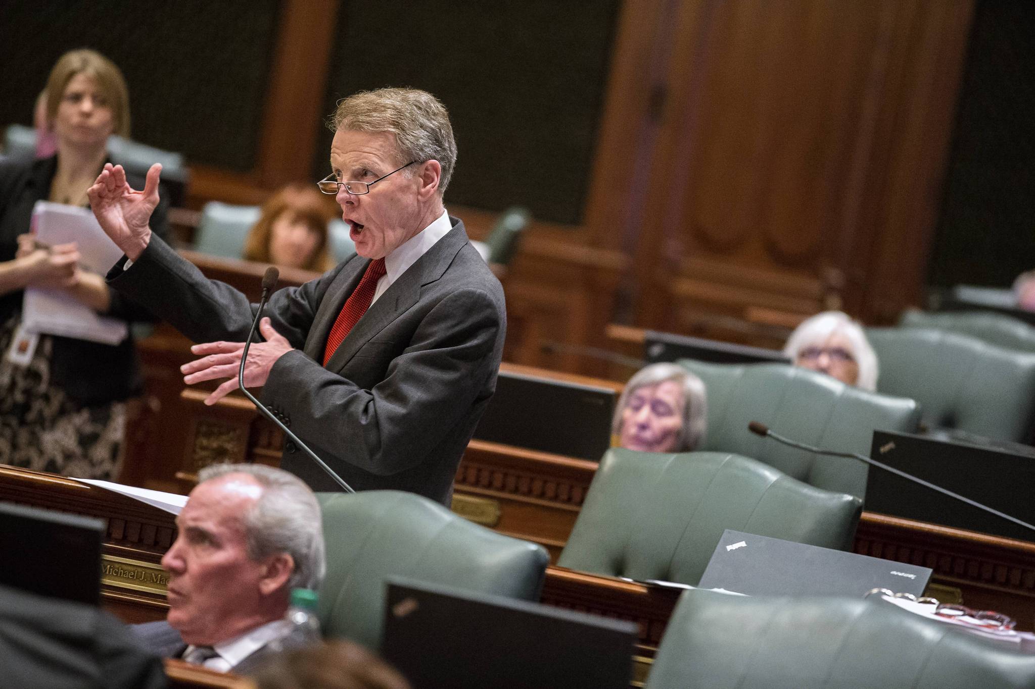 House Speaker Michael Madigan introduces the pension reform bill Dec....