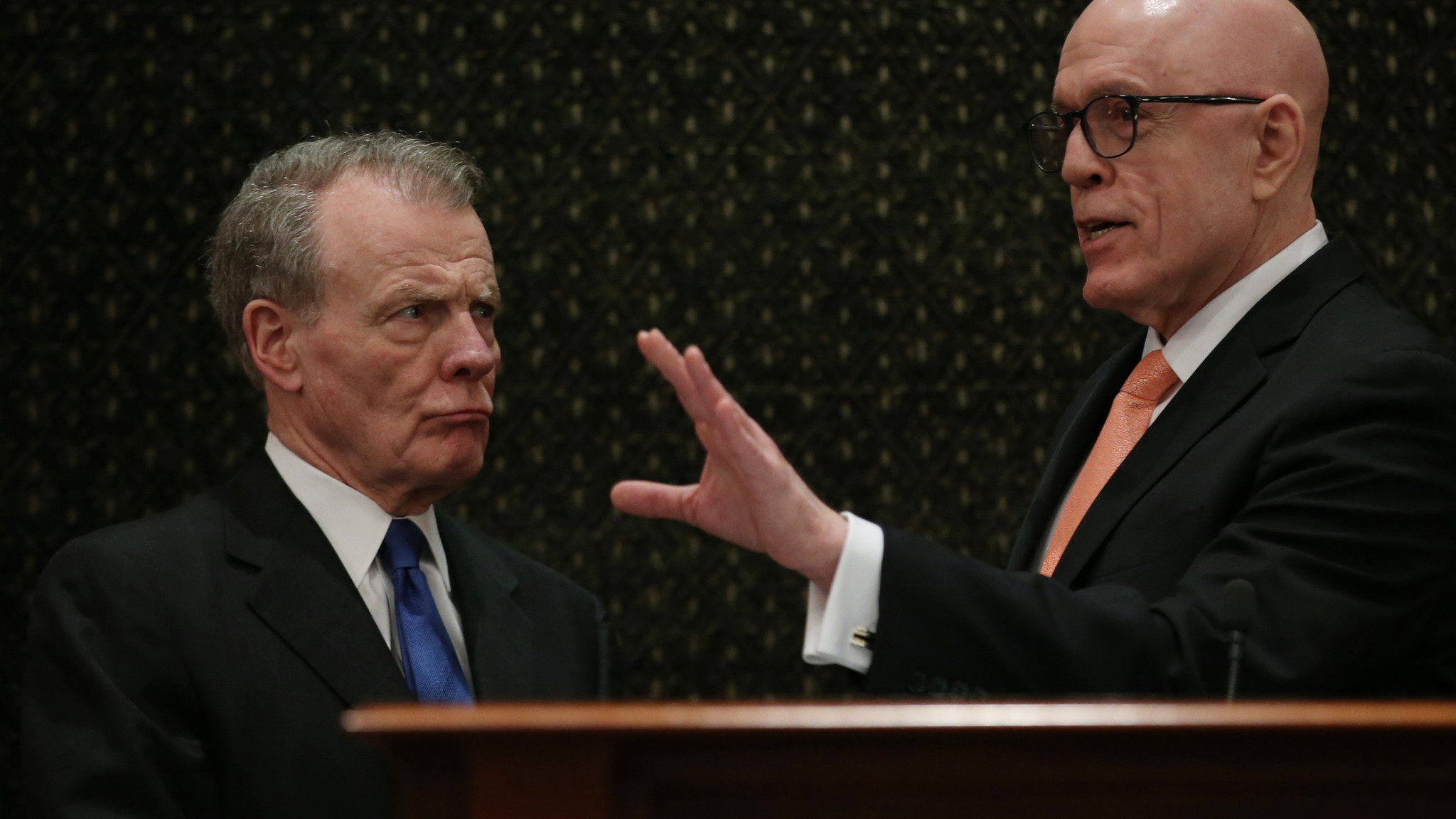 House Speaker Michael Madigan, left, speaks with House Majority Leader...