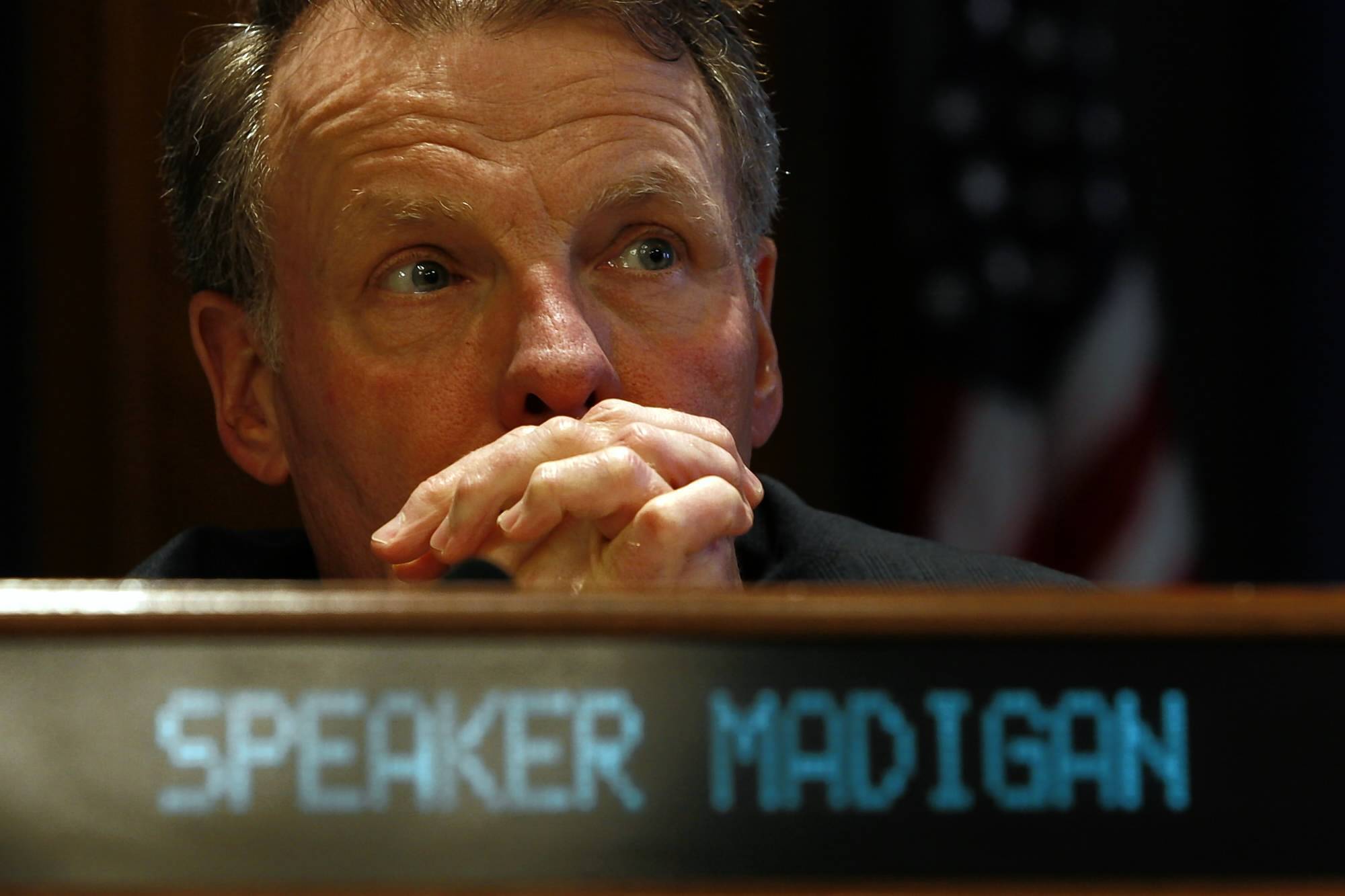 House Speaker Michael Madigan heads a committee hearing in January...