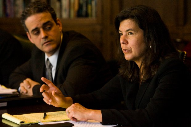 Cook County State's Attorney Anita Alvarez, right, and assistant state's attorney Jack Blakey, left, discuss proposals for new state anti-corruption (RICO) laws and other issues with members of the Tribune Editorial Board on April 7, 2009. (Bonnie Trafelet/Chicago Tribune)